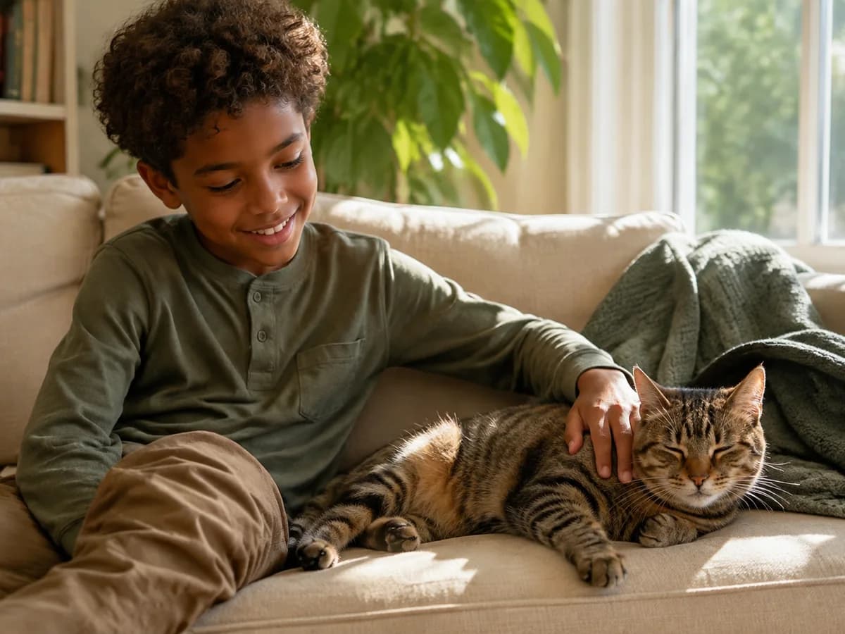 A child gently petting a relaxed tabby cat on a sofa beside a sunny window.