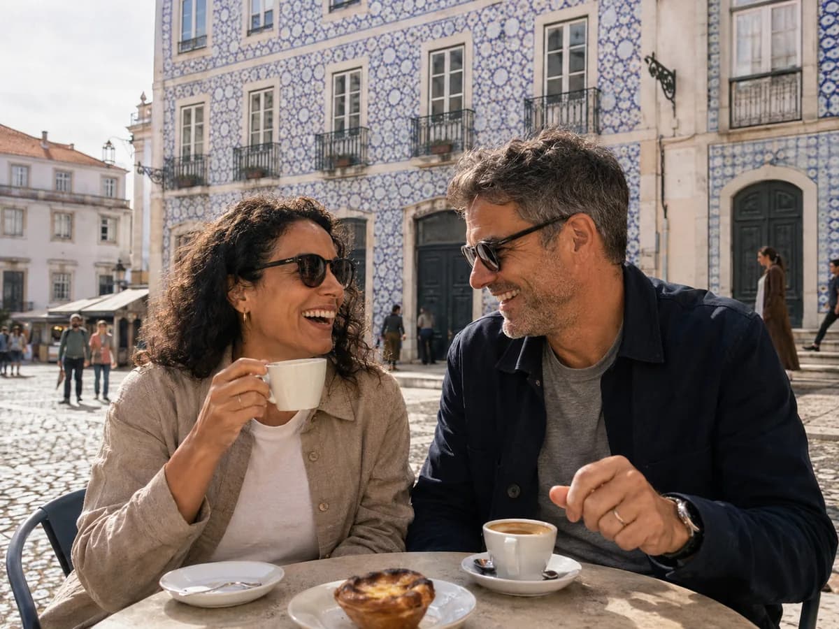 A couple sharing coffee at an outdoor café on a tiled European square.