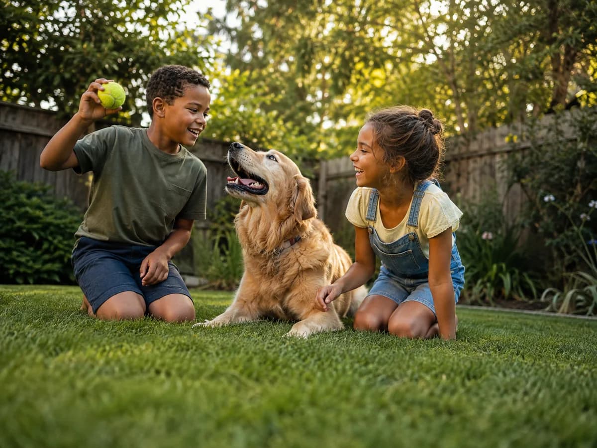 Two children laughing and playing with a golden retriever in a green backyard.