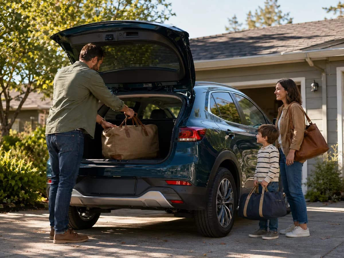 A family packing their new car with weekend bags, ready for a road trip.