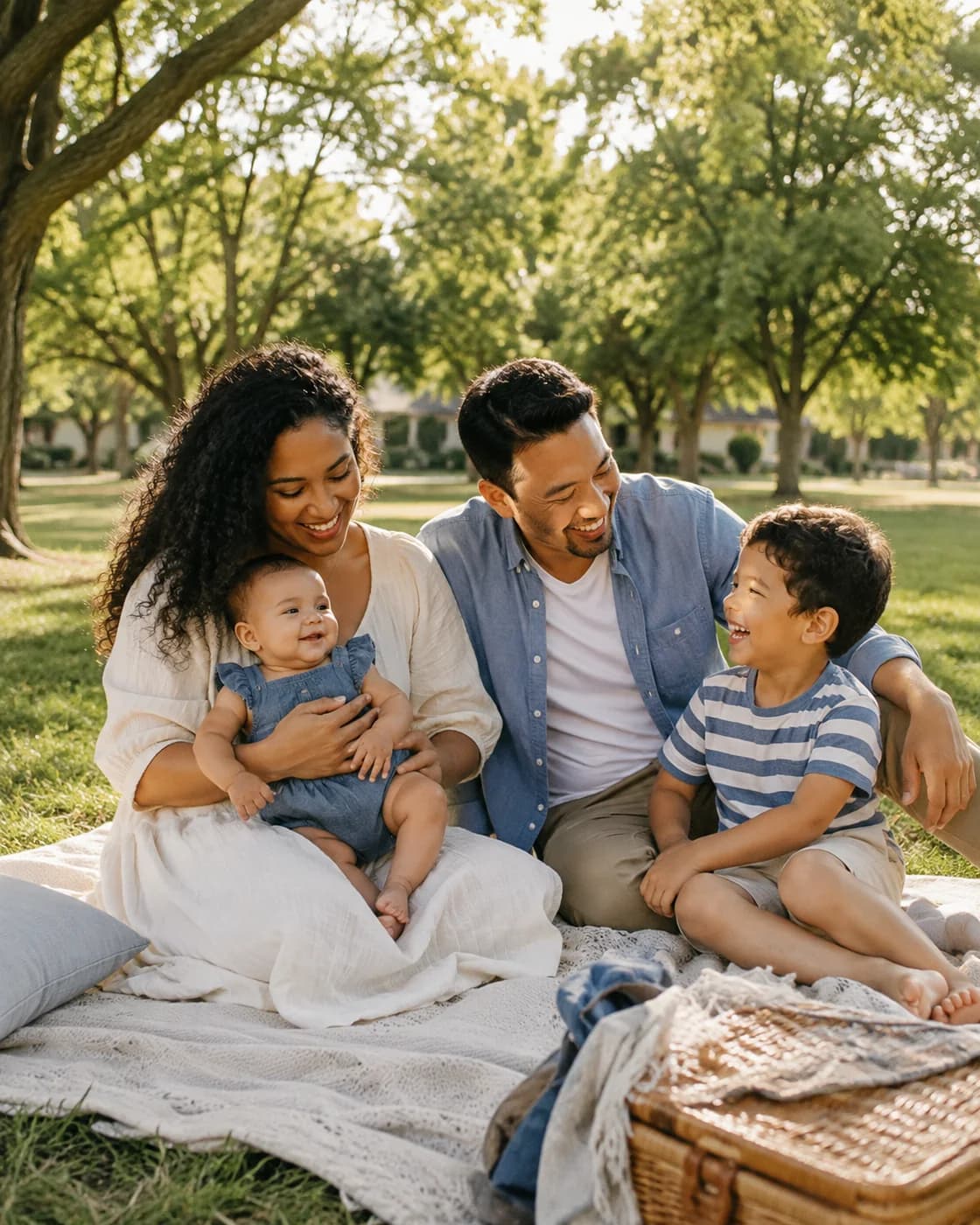 New parents sharing a playful afternoon in the park with their baby and young child.