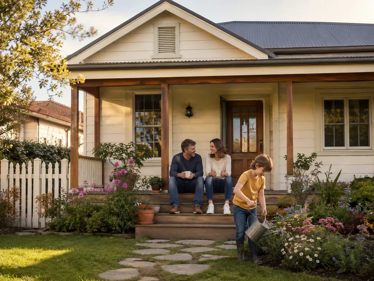 A family enjoying the porch and small flower garden of a welcoming, modest home.