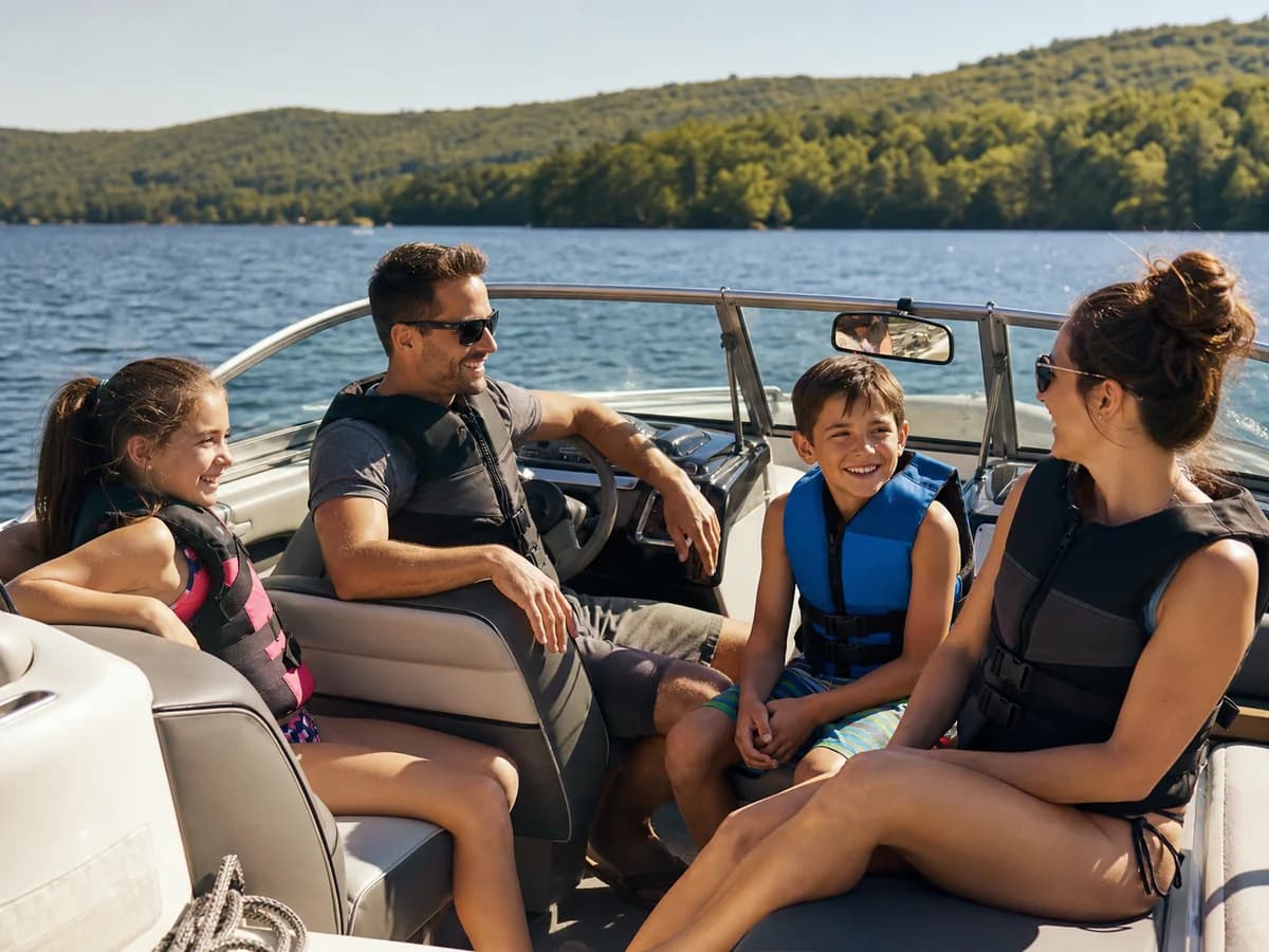 Adults and happy children wearing life jackets together on a ski boat on a sunny lake.