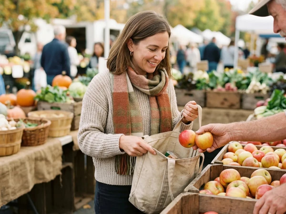 A person in an oatmeal knit sweater holding open a canvas tote bag as apples are placed in from wooden crates at an outdoor market in autumn light.
