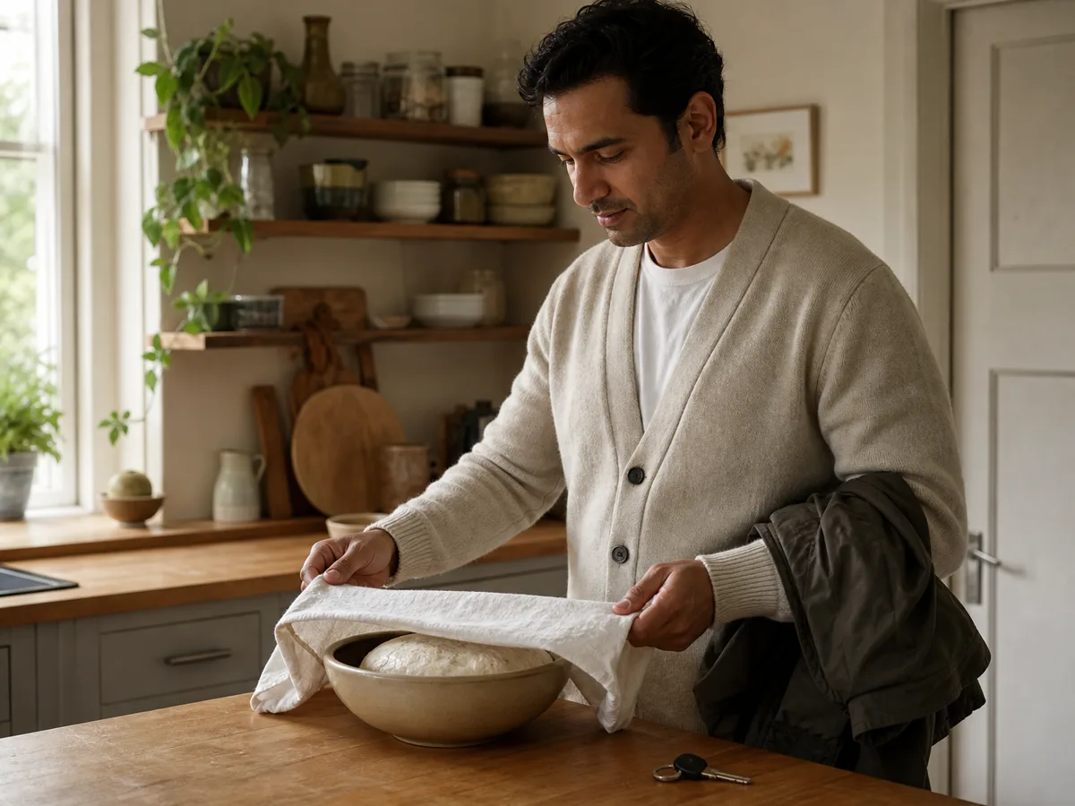A man covering a bowl of bread dough with a cloth in a sunlit kitchen, coat over his arm, keys on the counter.