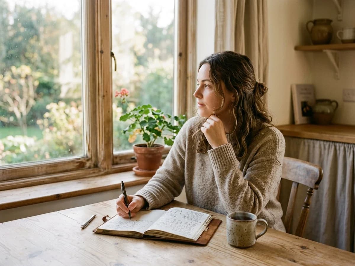 A person sitting at a wooden kitchen table with a warm mug of tea and an open journal in soft morning sunlight.