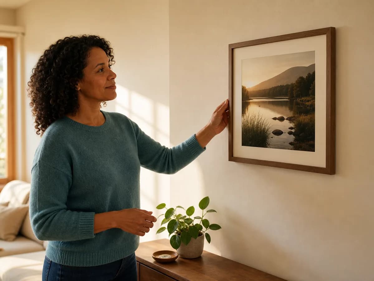 A woman in a teal sweater calmly adjusting a single framed landscape print on a sunlit living-room wall.