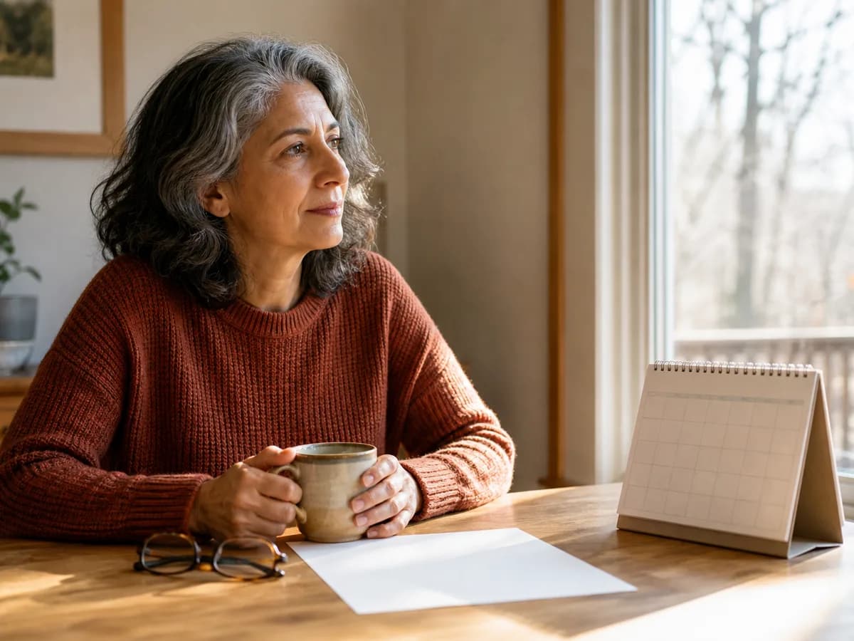 A person in a rust sweater sitting at a sunlit dining table with a paper calendar, a blank sheet, and a mug of coffee.
