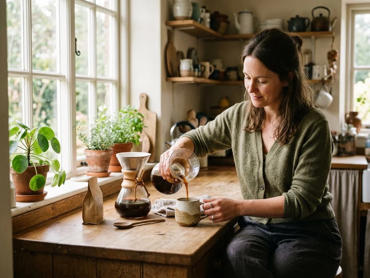 A person pouring freshly brewed coffee into a ceramic mug in a bright kitchen during their morning routine.