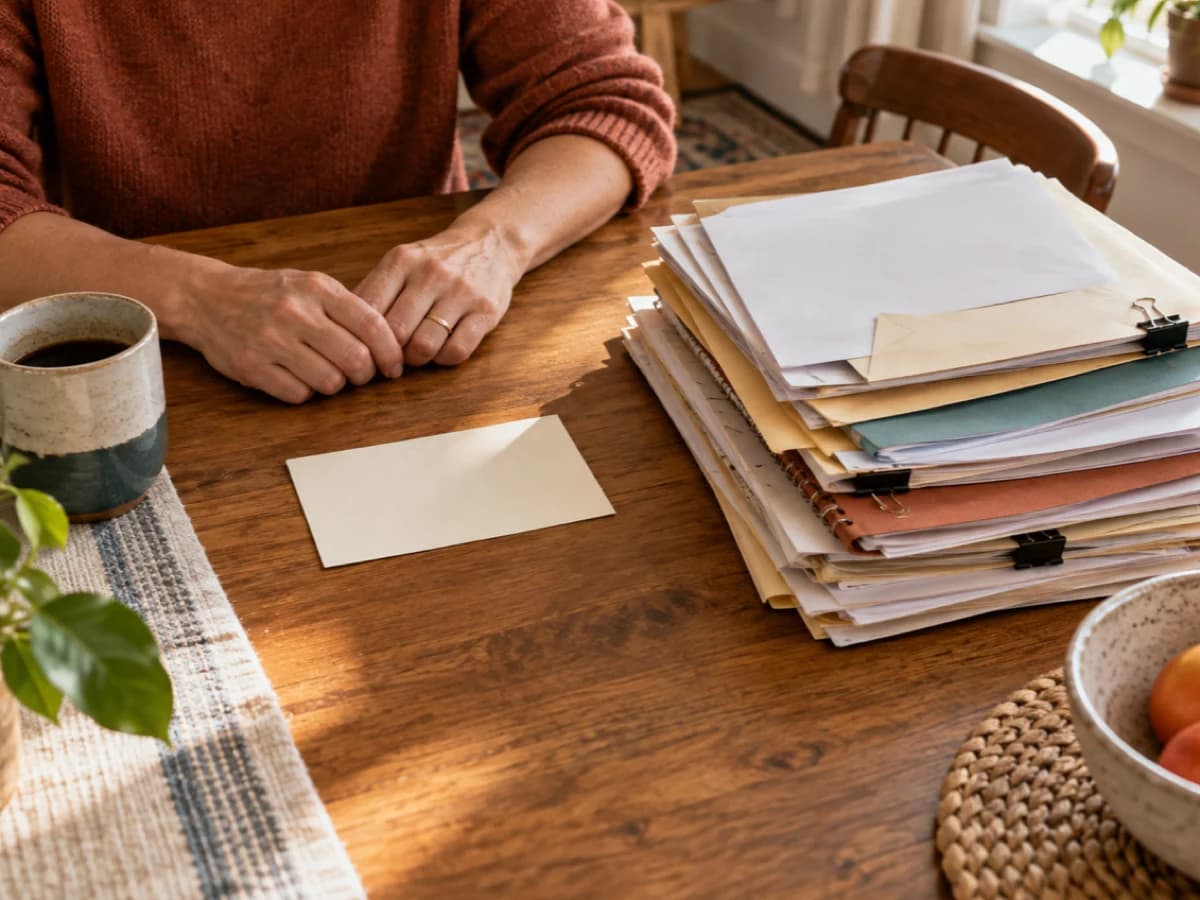 An adult at a sunlit wooden table considering one plain card beside a tall stack of folders and papers.