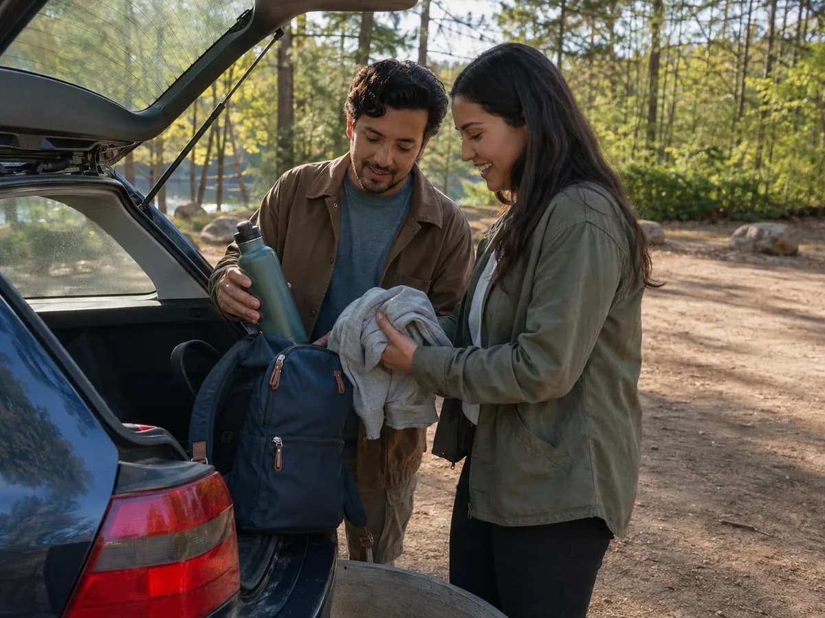Two adults packing a water bottle and jacket into a daypack beside their car at a wooded trailhead.