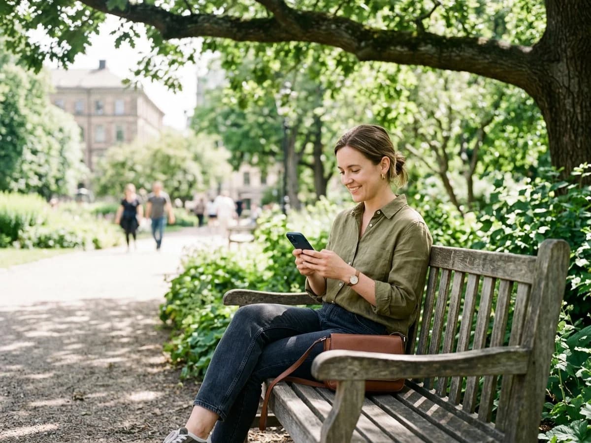 A person smiling with relief while sitting on a park bench under leafy trees checking their phone.