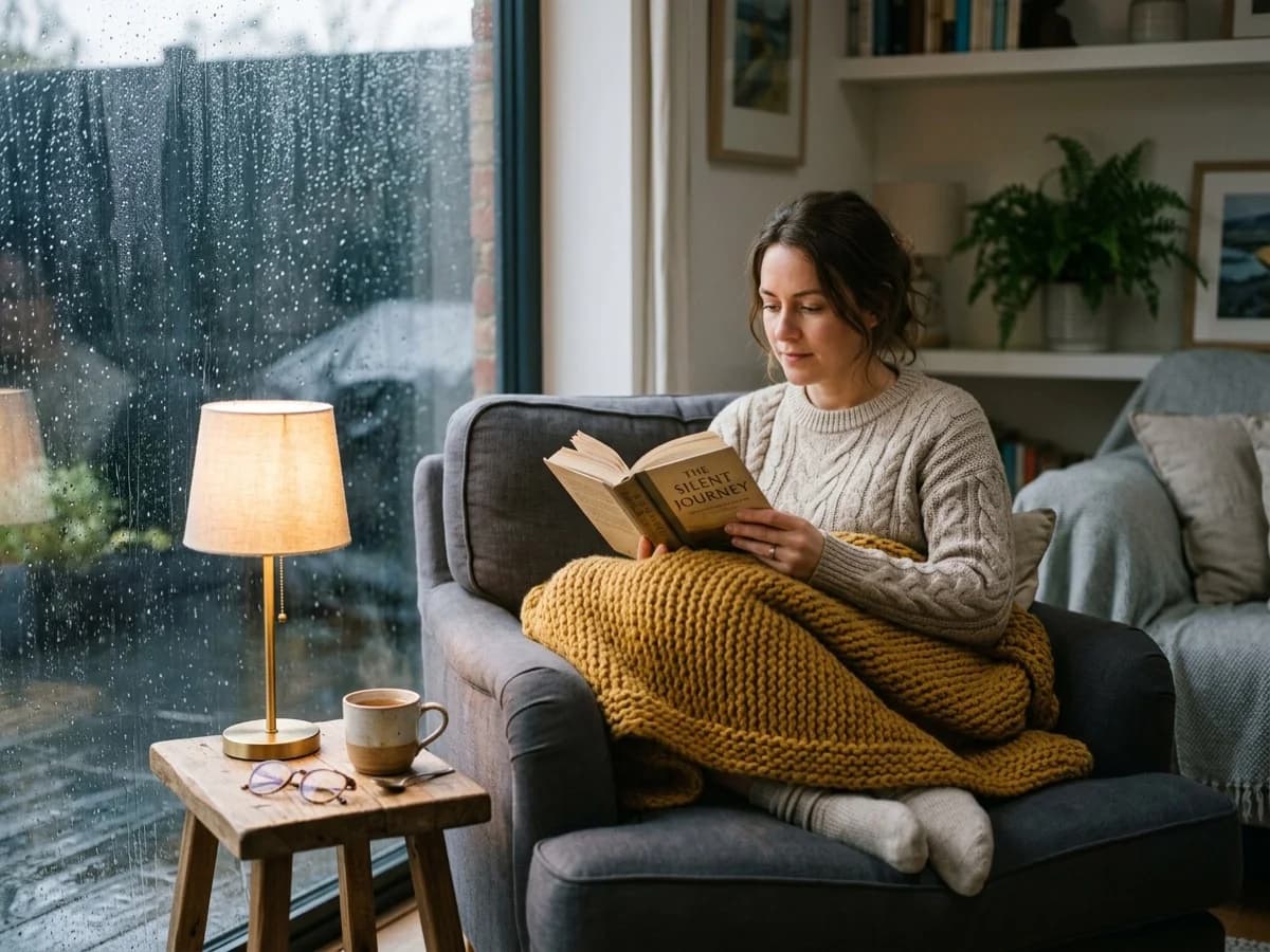 A person wrapped in a knitted blanket reading a book calmly in an armchair while rain falls outside the window.