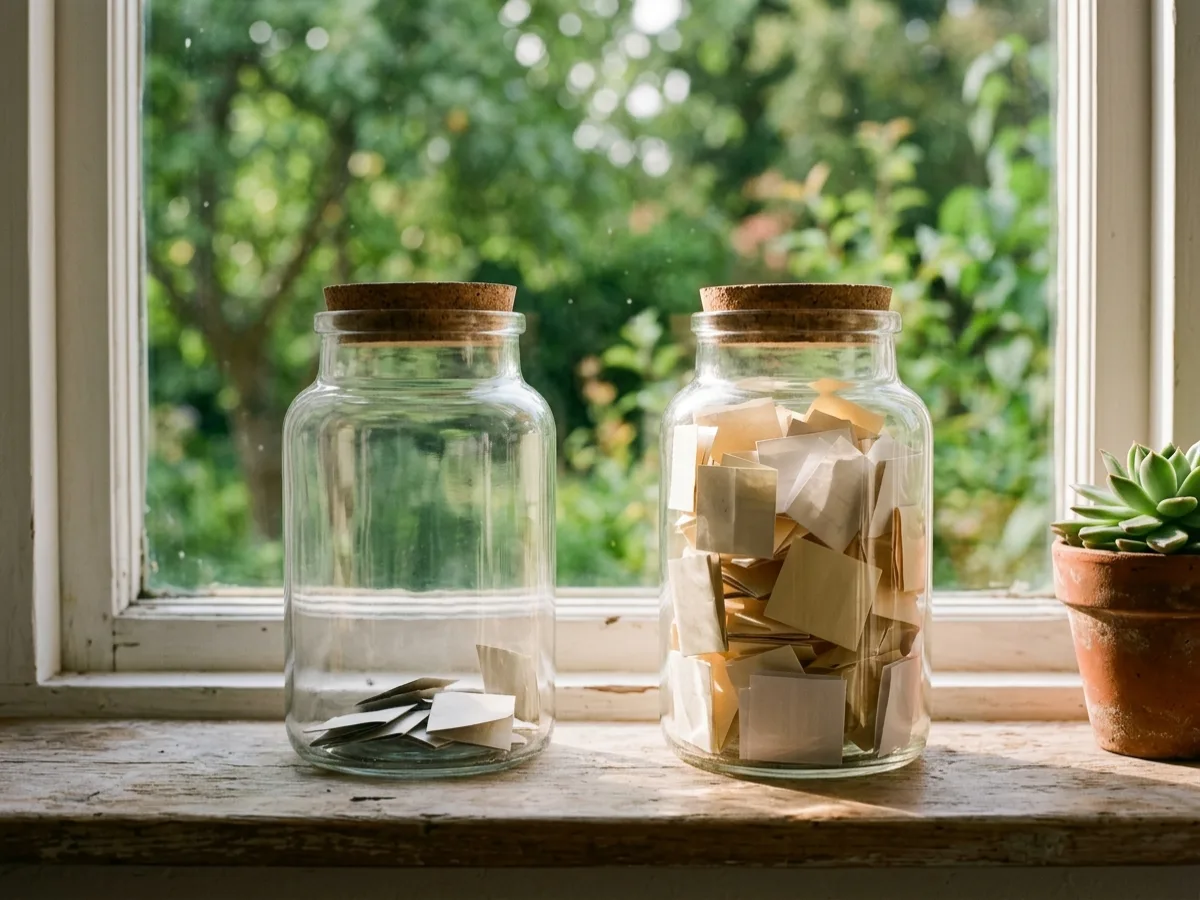 Two matching glass jars with cork stoppers on a wooden windowsill, the one standing in sunlight holding noticeably more savings than the one left in shade.