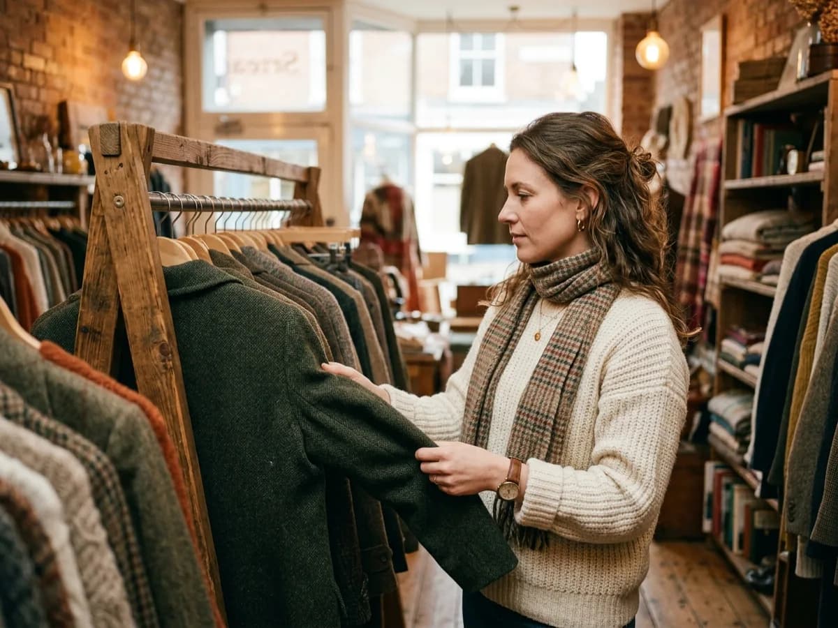 A woman in a cream sweater and patterned scarf looking through a rack of secondhand clothes in a warmly lit vintage shop.