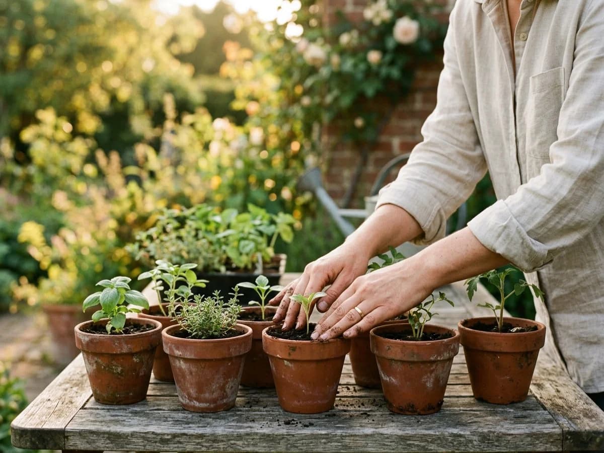 Hands gently tending to small green potted seedlings on a wooden table in warm afternoon garden light.