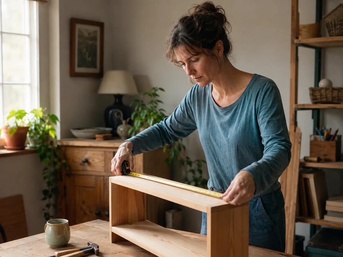 A woman carefully measuring a wooden shelf in a sunlit home workshop.